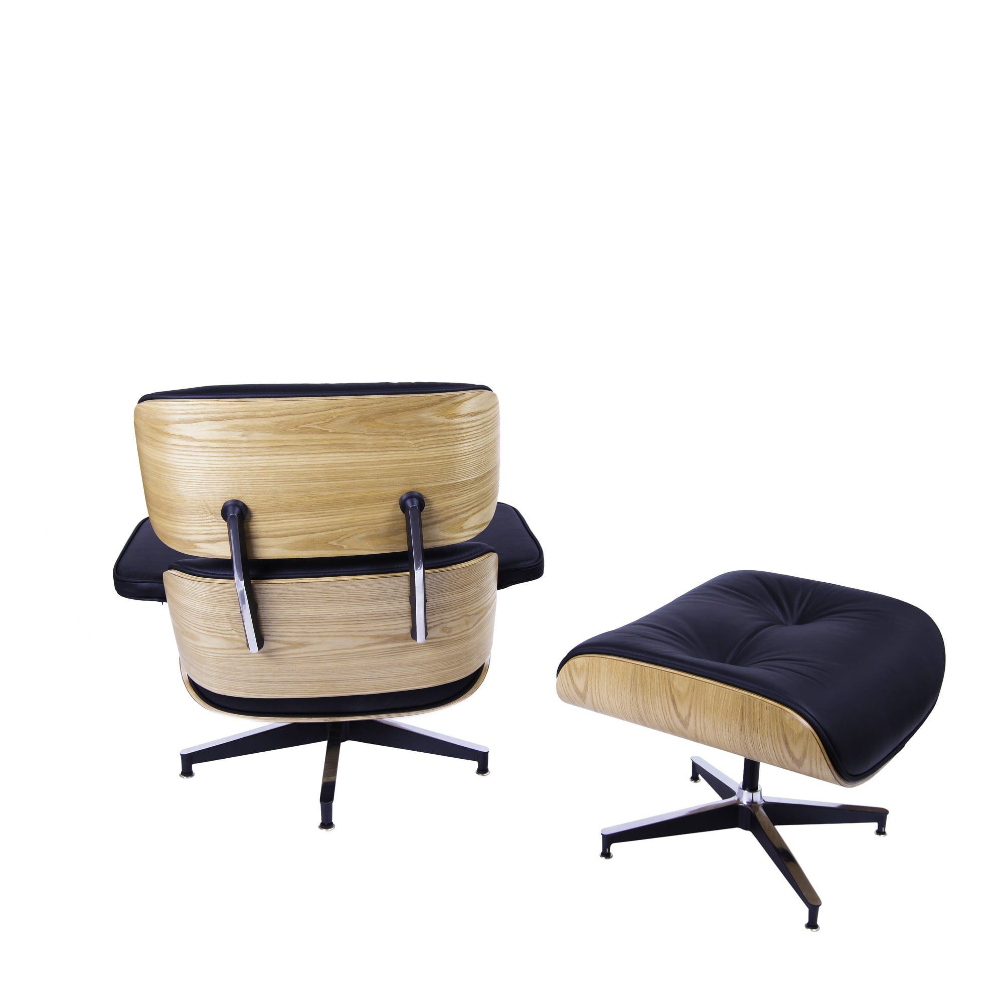 Charles Eames style, Sillón con hocker EA670 Negro ceniza de madera Base negra