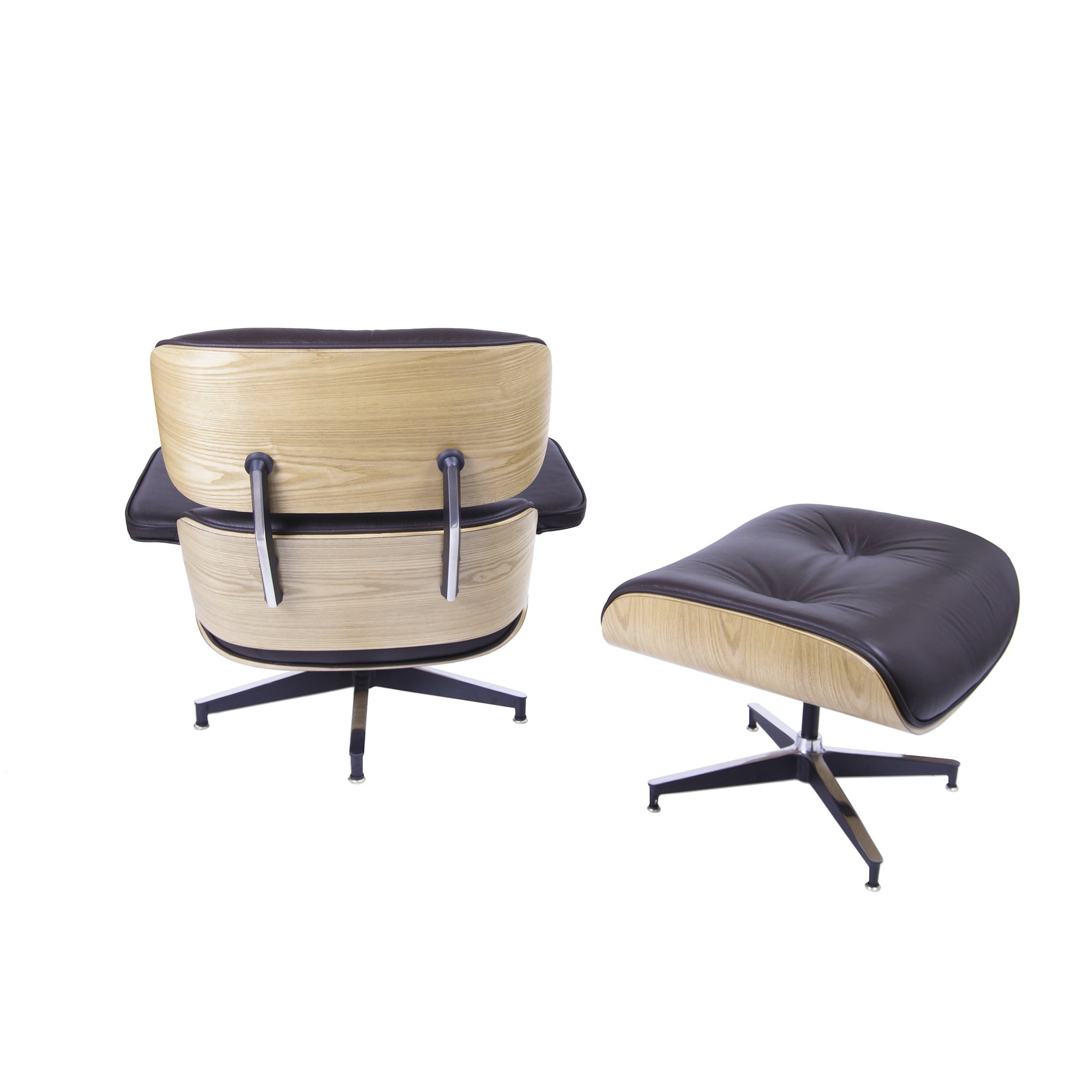 Charles Eames style, Sillón con hocker EA670 XL Marrón ceniza de madera Base negra
