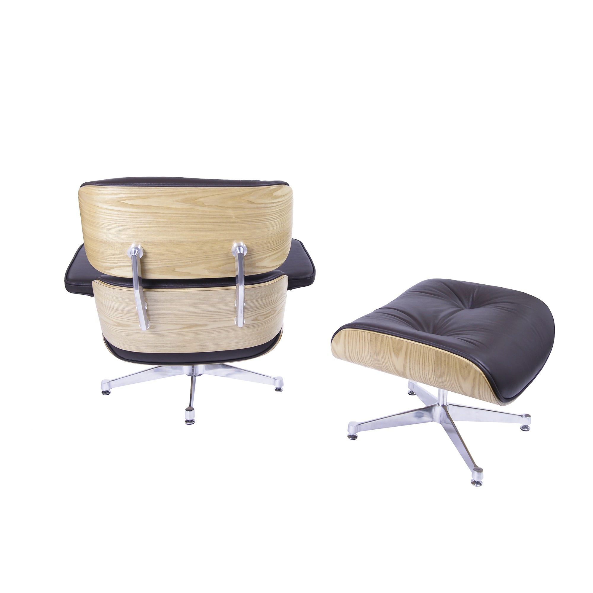 Charles Eames style, Sillón con hocker EA670 Marrón ceniza de madera Base pulida
