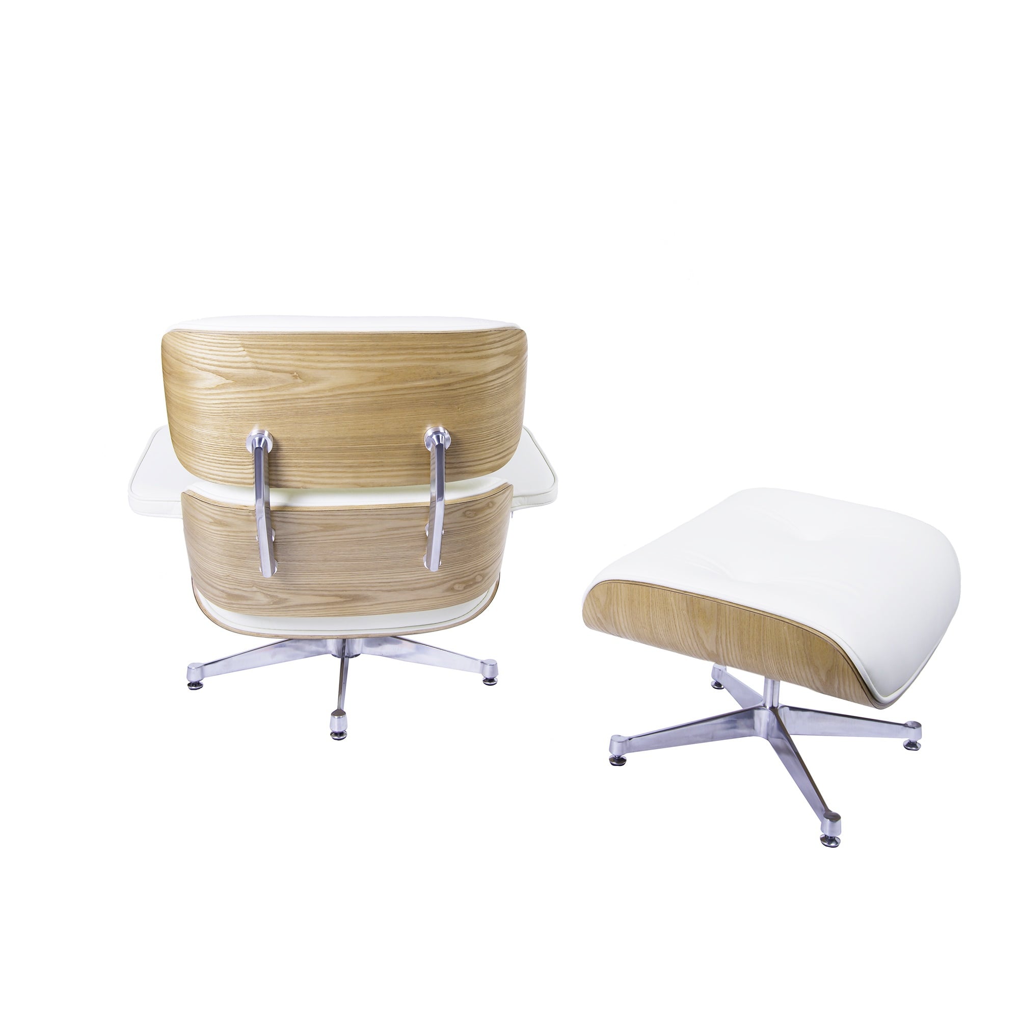 Charles Eames style, Sillón con hocker EA670 XL Crema ceniza de madera Base pulida