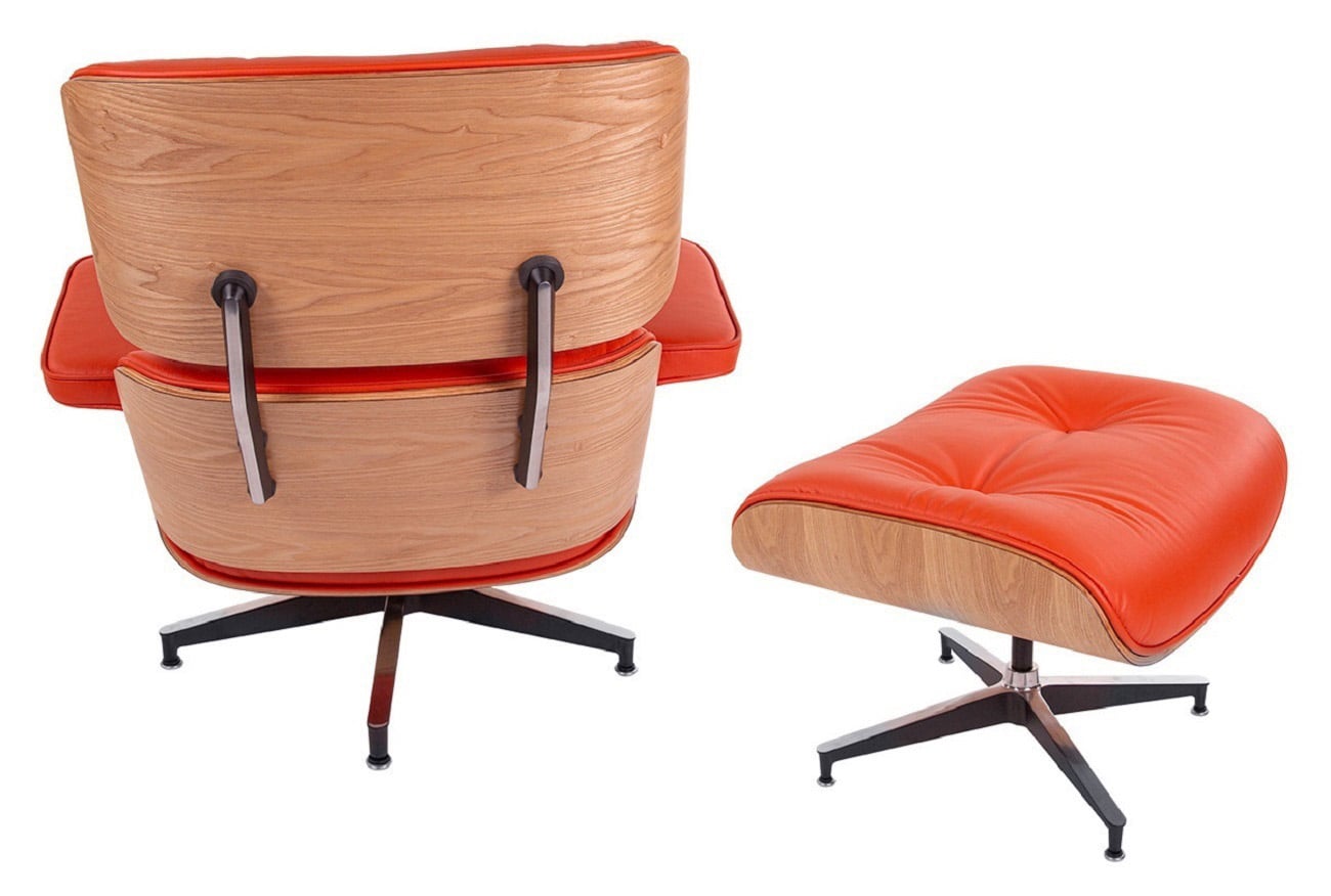 Charles Eames style, Sillón con hocker EA670 SPECIAL EDITION rojo ceniza de madera Base negra