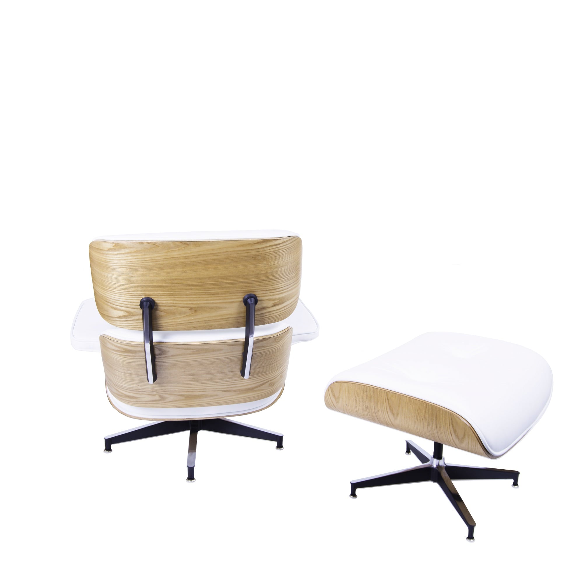 Charles Eames style, Sillón con hocker EA670 XL blanco ceniza de madera Base negra