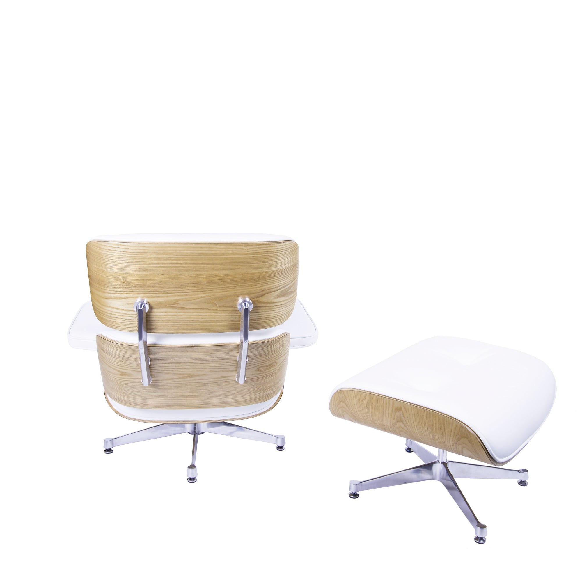 Charles Eames style, Sillón con hocker EA670 XL blanco ceniza de madera Base pulida