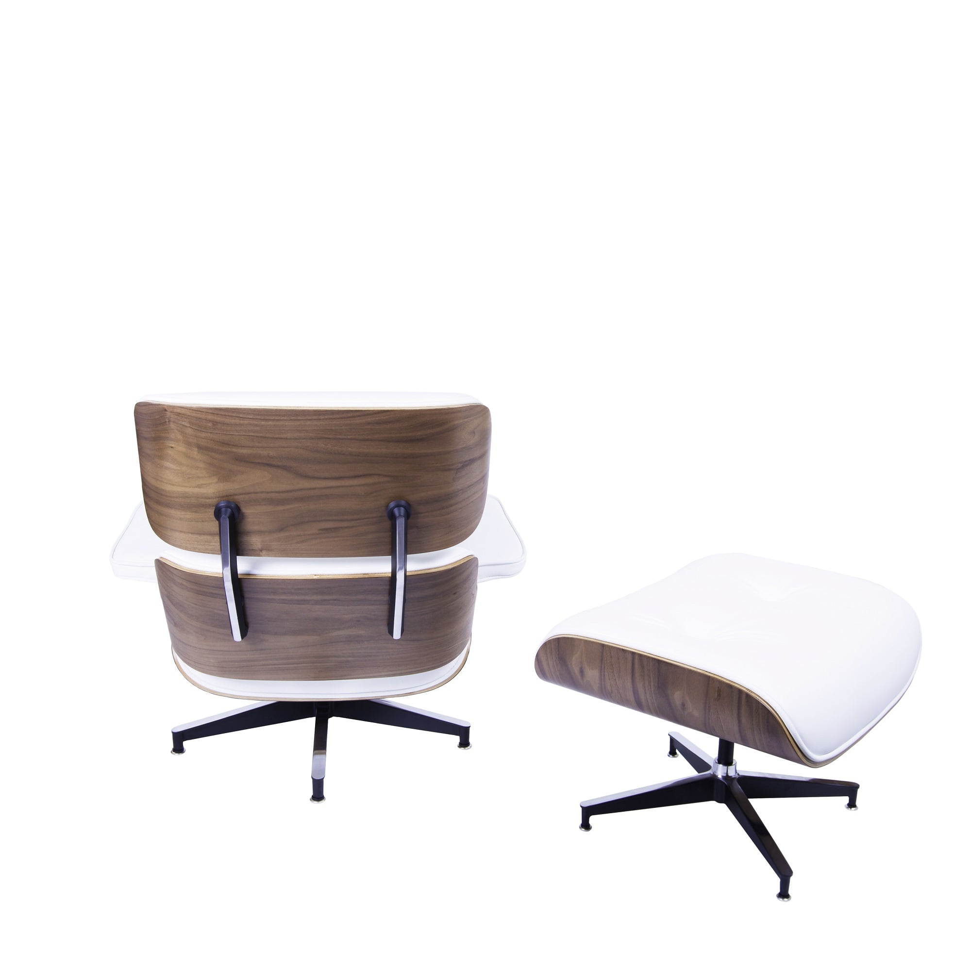 Charles Eames style, Sillón con hocker EA670 blanco Nuez Base negra
